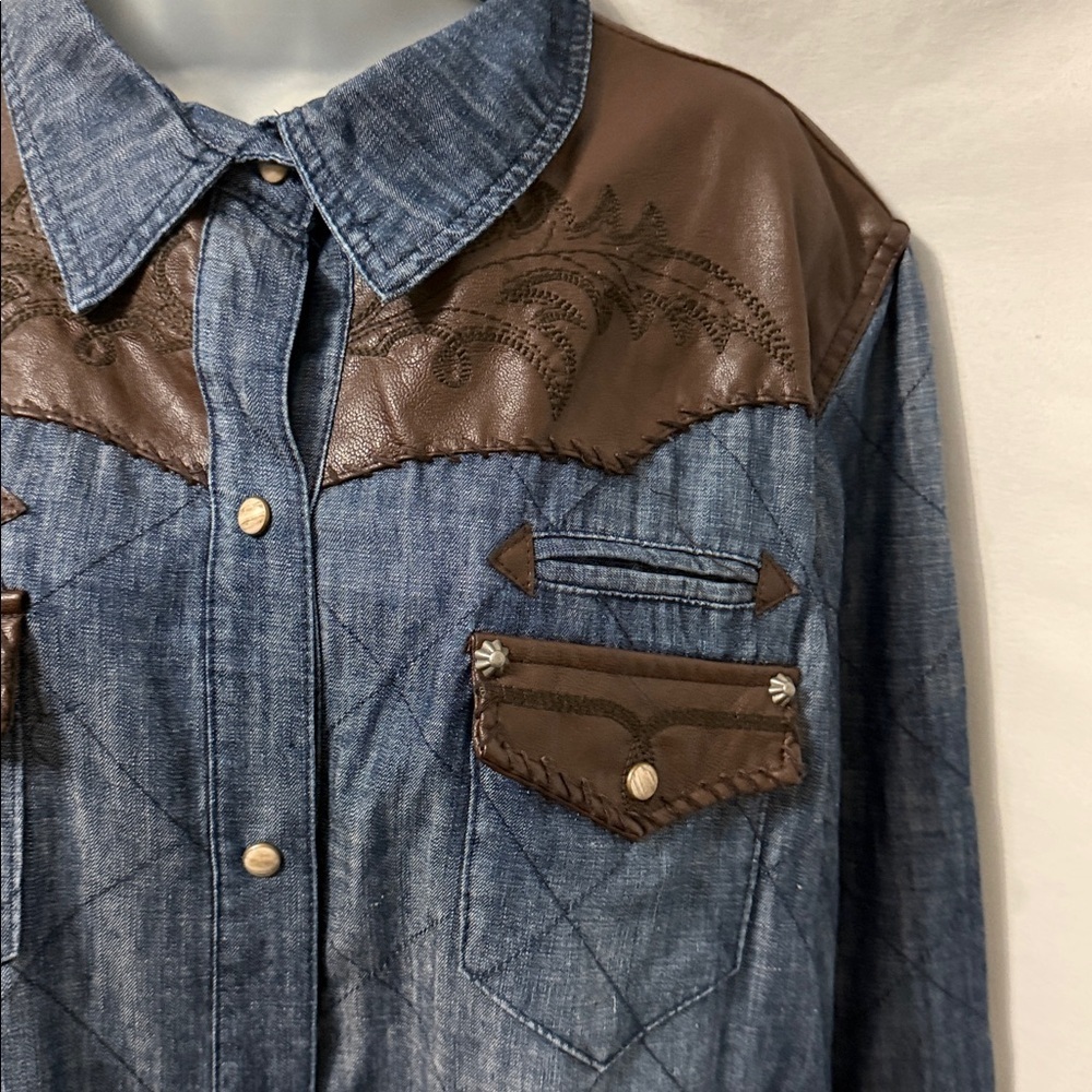 Double D Ranch Denim Switchback Shirt Jacket Leather Trim Pearl Snaps Size 2X - Picture 5 of 12
